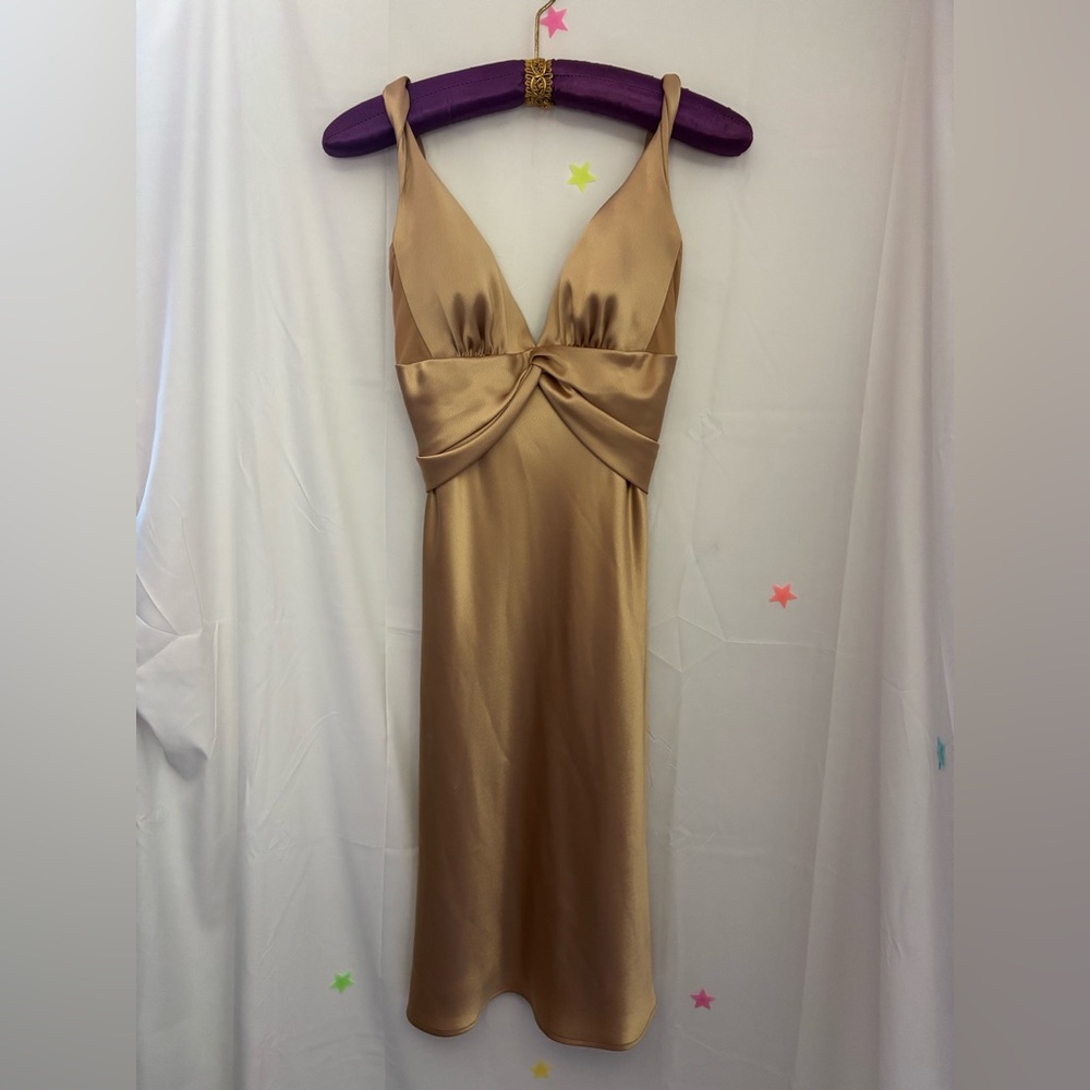 ABS Allen Schwartz Satin Gold Twist-Front Midi Dress